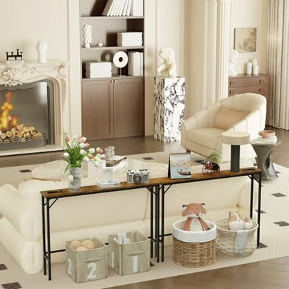 Aduanbang 5.9" Console Table with Outlet – Narrow Sofa Table, Behind Couch Table for Living Room & Hallway, 5.9" x 39.4" x 30", Metal Frame, Rustic Brown - color: Rustic Brown, size: 5.9"D x 39.4"W x 30"H