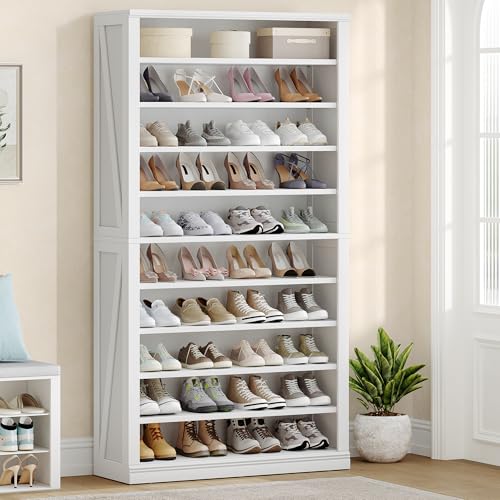 Hzuaneri Shoe Storage Cabinet,10 Tiers Farmhouse Tall Shoe Cubby Organizer | Freestanding Shoe Cabinets, Wooden Shoes Rack with Cubby, 36-40 Pairs, for Entryway, Living Room, White SR59203X - color: White, size: 12"D x 32.5"W x 71.3"H