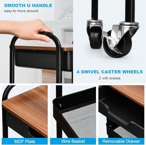 3 Tier Rolling Cart with Drawer, Metal Utility Cart with Table Top | Storage Cart with Locking Wheels, Kitchen Cart Art Cart Organizer for Bathroom, Office, Balcony, Living Room, Classroom - color: Black