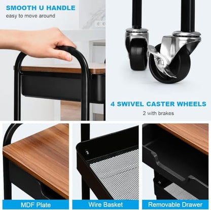 3 Tier Rolling Cart with Drawer, Metal Utility Cart with Table Top | Storage Cart with Locking Wheels, Kitchen Cart Art Cart Organizer for Bathroom, Office, Balcony, Living Room, Classroom - color: Black