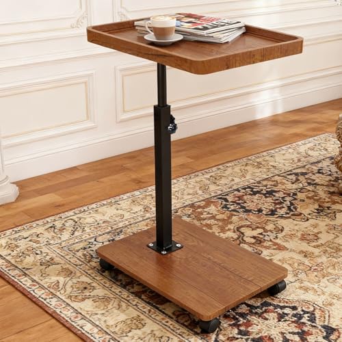 Simcat C Table End Table Adjustable Height, 360° Swivel TV Tray Table for Small Spaces, Couch Tables that Slide Under, C Shaped End Tables with Wheels for Couch Living Room Bedside TV(Brown) - color: As Picture Shows