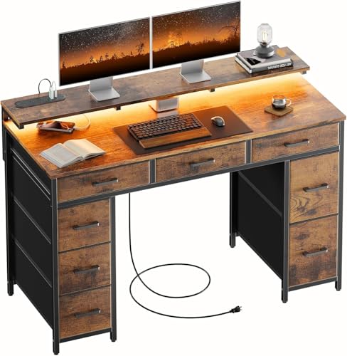 HLDIRECT 47 Inch Gaming Desk with LED & 8 Storage Drawers, Rustic Brown | 2 AC power outlets and 2 USB ports, Dual monitor stand, metal frame & premium desktop, adjustable feet for Office & Bedroom - color: Rustic Brown