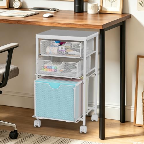 BOHDK Rolling File Cart with 3 Storage Drawers, Wood & Mesh Hanging File Folder Organizer with Wheels Under Desk, File Cabinets for Home Office, 11.81" D x 14.8" W x 25.39" H, White - color: White