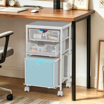 BOHDK Rolling File Cart with 3 Storage Drawers, Wood & Mesh Hanging File Folder Organizer with Wheels Under Desk, File Cabinets for Home Office, 11.81" D x 14.8" W x 25.39" H, White - color: White