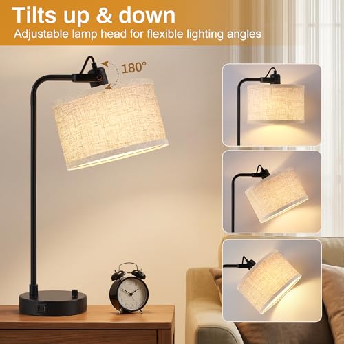 Black Table Lamp Set of 2 with USB A and C Ports, 180° Adjustable Stepless Dimming Bedside Lamps for Night Stands, E26 LED Bulb Included, Industrial Desk Lamps for Home Office, Bare Bulb Compatible - color: Black-A
