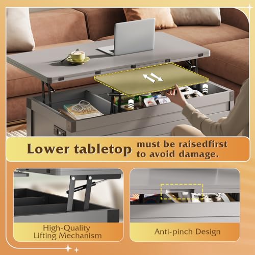 WLIVE 40" Lift Top Coffee Table, 4 in 1 Coffee Tables with Storage, 2 Fabric Drawers, LED Light and USB, Modern Coffee Table with Hidden Compartment for Living Room, Dining Room, Grey - color: Grey