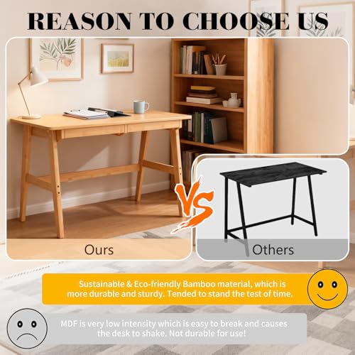 Nnewvante Writing Computer Desk 46" Bamboo Home Office Table with 2 Drawers, Modern Furniture Simple Study Makeup Workstation - size: 46''-Bamboo