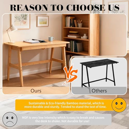 Nnewvante Writing Computer Desk 46" Bamboo Home Office Table with 2 Drawers, Modern Furniture Simple Study Makeup Workstation - size: 46''-Bamboo