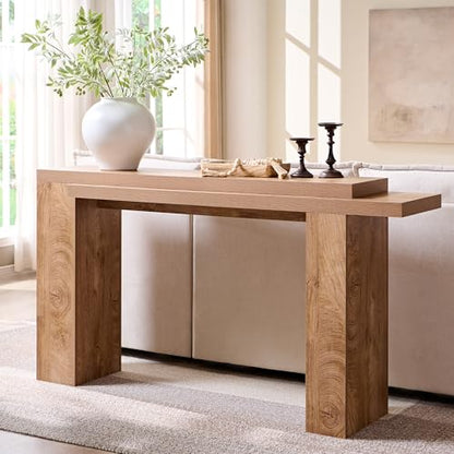 OKD 63" Modern Geometric Console Table with Layered Top, Light Tree Knot | Extended Layered Top, Sturdy Support Legs, Entryway, Hallway, Foyer, Living room, Behind Sofa - color: Light Tree Knot