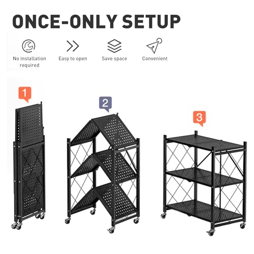 Foldable Storage Shelves with Wheels, Folding Shelving Units Storage, Heavy Duty Metal Collapsible Shelf No Assembly, Large Capacity Pop-Up Organizer for Garage,Kitchen,Living Room, 3-Tier Black