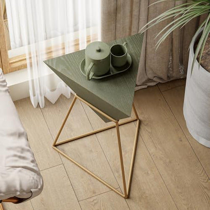 COZAYH Modern Geometric End Table with Wooden Top and Golden Metal Base, Unique Pyramid Side Table Plant Stand for Office, Living Room, Bedroom, Fully Assembled, Triangle, Green - color: Green