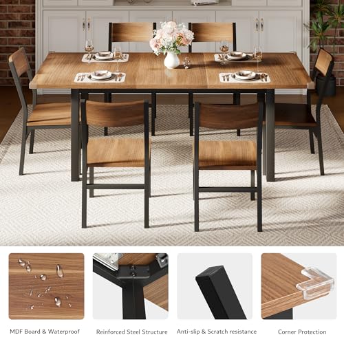 iPormis 7-Piece Dining Table Set with 6 Chairs, 63" Extendable Kitchen Table & Chairs Set for 4-6, Dining RoomTable with Solid Metal Frame & MDF Board, Perfect for Small Space, Easy Assembly, Walnut - color: Walnut