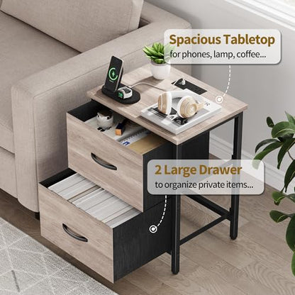 Vagusicc Nightstand with Charging Station, Bedside Table with USB Ports and Outlet, End Table Side Table with 2 Fabric Drawers for Bedroom, Living Room, Greige - color: Greige (1 Pack)