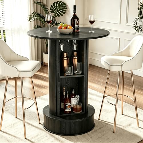 Round Bar Table with 2-Tier Hidden Storage, 38.1" H Wood High Top Table, Bistro Pub Table with Footrest, Cocktail Tables for Coffee Bar, Kitchen Dining Room, Small Space (Black) - color: Black