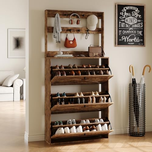 HOPUBUY Shoe Cabinet for Entryway, Narrow Shoe Storage with 3 Flip Drawers | Wood Slim Shoe Rack, 3 Tier Thin Shoe Organizer for Home and Apartment,Rustic Brown - color: Farmhouse Brown