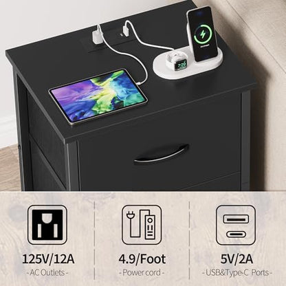 Vagusicc Nightstand with Charging Station, Bedside Table with USB Ports and Outlet, End Table Side Table with 2 Fabric Drawers for Bedroom, Living Room, Black - color: Black (1 Pack)