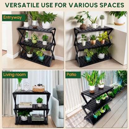 3-Tier Foldable Acacia Wood Ladder Plant Stand & Corner Rack Black | 4-tier indoor & outdoor wooden plant ladder, foldable corner design, tall plant rack, perfect for office, balcony & garden