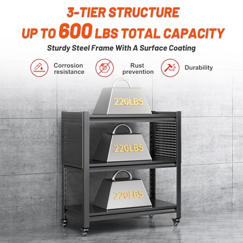 3 Tier Tool Cart on Wheels, Heavy Duty Metal Service Cart with Pegboards, 660 LBS Load Capacity Tool Utility Cart, Industrial Utility for Garage, Warehouse, Workshop - size: 13.8"D x 32.7"W x 33.5"H