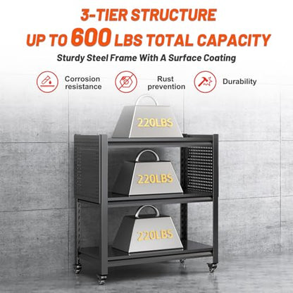 3 Tier Tool Cart on Wheels, Heavy Duty Metal Service Cart with Pegboards, 660 LBS Load Capacity Tool Utility Cart, Industrial Utility for Garage, Warehouse, Workshop - size: 13.8"D x 32.7"W x 33.5"H