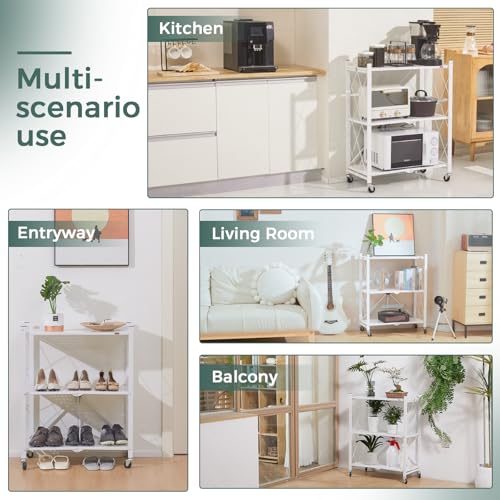 DEANIC 3 Tier Foldable Storage Shelves with Wheels, Large Capacity Shelving Unit, Freestanding Metal Wire Shelf Rack, No Assembly Organizer Rack for Garage Kitchen, Basement, Pantry(White Pack of 2) - color: White
