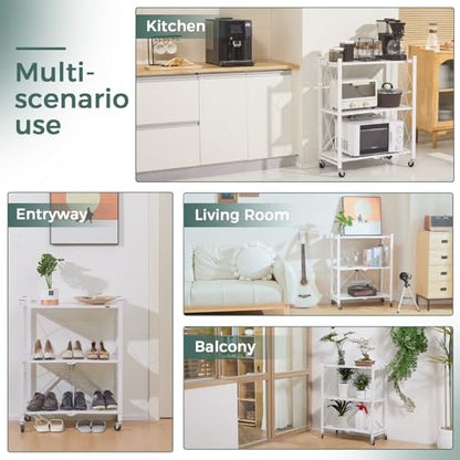 DEANIC 3 Tier Foldable Storage Shelves with Wheels, Large Capacity Shelving Unit, Freestanding Metal Wire Shelf Rack, No Assembly Organizer Rack for Garage Kitchen, Basement, Pantry(White Pack of 2) - color: White