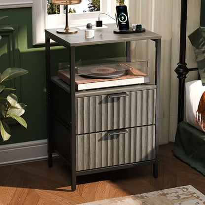 VINGLI Night Stand Set 2 with Charging Station and Fabric Drawers, Fluted Grey Night Stand Set of 2, Gray Nightstand with Drawers, Grey Bedside Tables/End Tables for Bedroom, 14.96"W*11.81"D*23.78"H - color: Grey, size: 15"W-2 Drawer 1 Shelf
