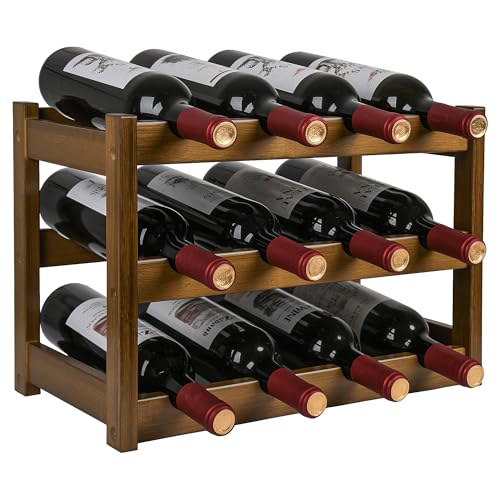 VASMIA Bamboo Wine Rack, Sturdy and Durable Wine Storage Cabinet Shelf, Wine Racks Countertop for Pantry,Kitchen,3-Tier 12 Bottles Wine Rack, Walnut - color: Walnut, size: 3 Tiers