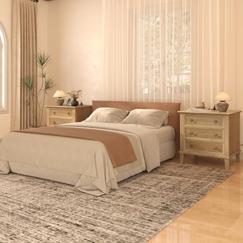 IKENO Solid Wood Nightstand with 3 Drawers, Tall Leg Bedside Table with Charging Station, Farmhouse Night Stand with Wood Slide Rail, Anti-Scratch Foot Pads for Bedroom，Teak - color: Teak