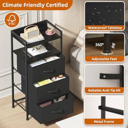 Somdot Nightstand with 3 Drawers, Dresser with Fabric Bins for Bedroom, Hallway, Entryway, Night Stand Bedside Table Furniture, Sturdy Steel Frame, Wooden Top, Easy Pull Fabric Bins, Black - color: Black, size: 11.4"D x 15.2"W x 30.6"H (3 Drawers)