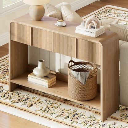 AMERLIFE 45" Fluted Entryway Console Table with 2 Drawers and Open Shelf | Modern Entryway Table, Rounded Edges, Wood Sofa Table for Hallway, Foyer, Behind Couch, Living Room, Natural Oak - color: Natural Oak - Fluted Panel, size: 45"