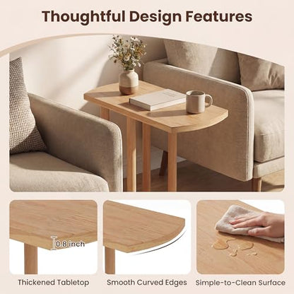 COSTWAY Solid Teak C-Shaped Side Table, Natural Slim 2-Tier End Table with Thick Top & Stable Base, Space-Saving Couch Table for Living Room Bedroom Small Spaces (1)