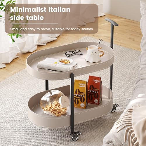 Guyii 2 Tiers Storage Rolling Cart 360 Rotating Side Table Modern End Table Living Room Table with Wheels Easy to Move for Living Room Bedroom Kichen Bathroom Pu Leather - color: Beige
