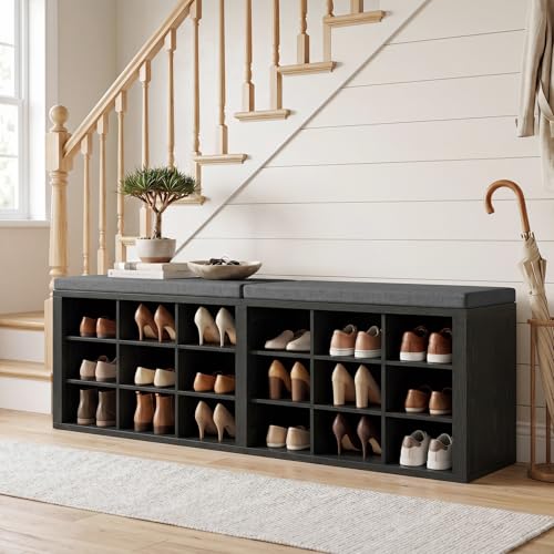 AMONIDA Shoe Storage Bench with Cushion, Entryway Bench with Shoe Storage,18 Cubby Shoe Bench with Removable Dividers, Shoe Organizer Bench for Entryway, Living Room, Light Grey (18, Black) - color: Black