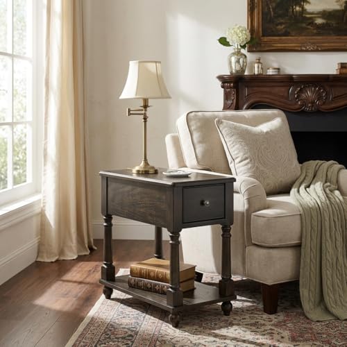 Narrow End Table with Drawer and Open Storage Shelf, Solid Wood Sofa Side Table for Living Room, Beside Table,Telephone Table for Small Spaces, No-Tools Assembly Vintage Black BBJ004BK - color: Vintage Black
