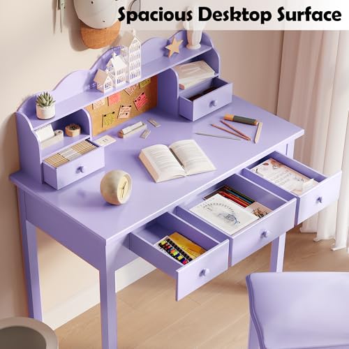 FUNKOCO Home Office Furniture Writing Desk, 36 Inch Computer Work Station with Detachable Hutch for Small Place, 5 Drawers(Purple) - color: 6-purple