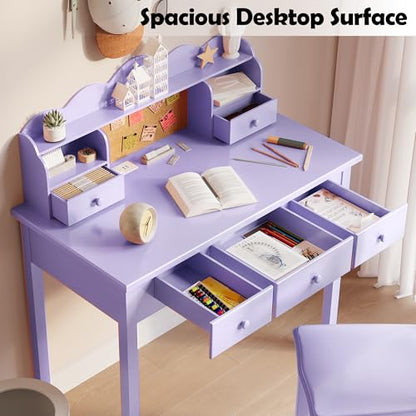 FUNKOCO Home Office Furniture Writing Desk, 36 Inch Computer Work Station with Detachable Hutch for Small Place, 5 Drawers(Purple) - color: 6-purple