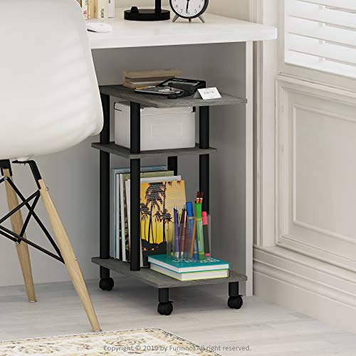 Furinno Turn-N-Tube Side Table, 3-Tier C-Shape End Table with Wheels, Toolless Assembly Night Stand, Bedside Table with Open Shelf, for Living Room, Bedroom, Grey Oak/Black - color: Grey Oak/Black