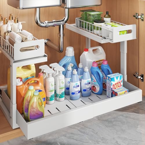 1 Pack Expandable Under Sink Organizers Storage With Upgrade Ball-Bearing Slide Tracks,2-Tier Pull Out Under Cabinet Organizer Height Adjustable,Not Suitable For Cabinets With Partitions In The Middle - color: White, size: 1 Pack-15.3"-24.2"W