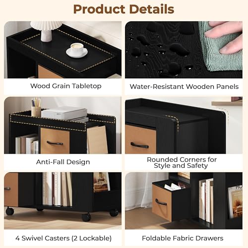 Yaheetech Narrow Side Table with Storage, Wooden Rolling Nightstand Bedside Table with Wheels, Magazine Racks and Open Shelves, End Table with Drawers for Living Room Bedroom, Black - color: Black