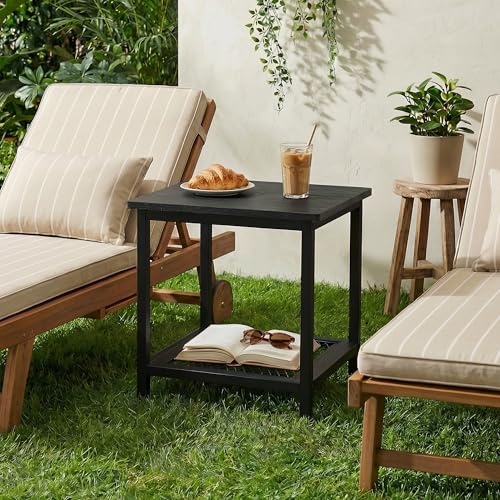 2-Tier Outdoor Side Table with Storage, Weather Resistant Patio End Table, HDPS Small Accent Table for Deck, Garden, Pool, Backyard, Black - color: Black