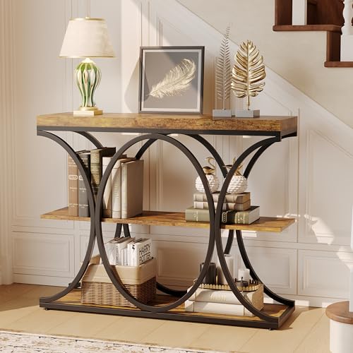 Garvee 39" Narrow Console Tables for Entryway, Industrial 3-Tier Sofa Table with Round Metal Base and Storage Shelves for Living Room, Hallway, Foyer, Retro Brown - color: Retro Brown