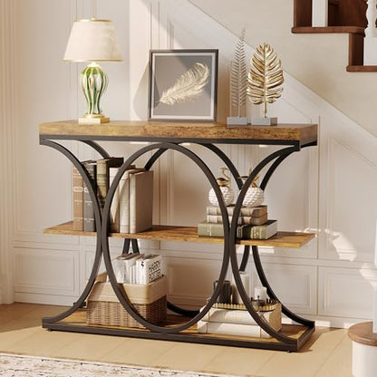 Garvee 39" Narrow Console Tables for Entryway, Industrial 3-Tier Sofa Table with Round Metal Base and Storage Shelves for Living Room, Hallway, Foyer, Retro Brown - color: Retro Brown