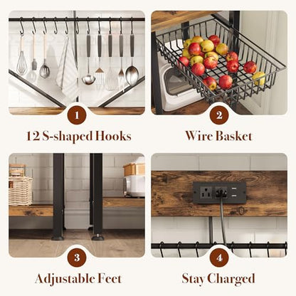 GRUSIGN Kitchen Bakers Rack with Storage, 6-Tier Coffee Bar Station with Power Outlet, Microwave Stand with 12 S-Shaped Hooks, Open Kitchen Storage Shelves for Spices, Pots and Pans, Rustic Brown