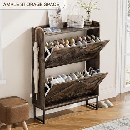 Nicetree Shoe Cabinet with 2 Flip Drawers, Entryway Organizer, Chestnut | Slim Wood Shoe Rack with Metal Legs, Farmhouse Shoe Cabinet Storage for Entryway, Foyer, Hallway, Shoe Dresser with Hook - color: Chestnut