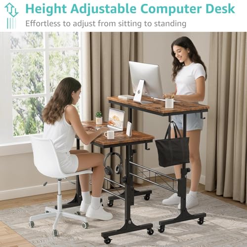 Small Portable Rolling Standing Desk - 32 Inch Adjustable Height Mobile Stand Up Desks with Wheels for Treadmill Walking Pad, Teacher Podium for Classroom, Couch Sofa Side Laptop Table, Rustic Brown - color: Brown