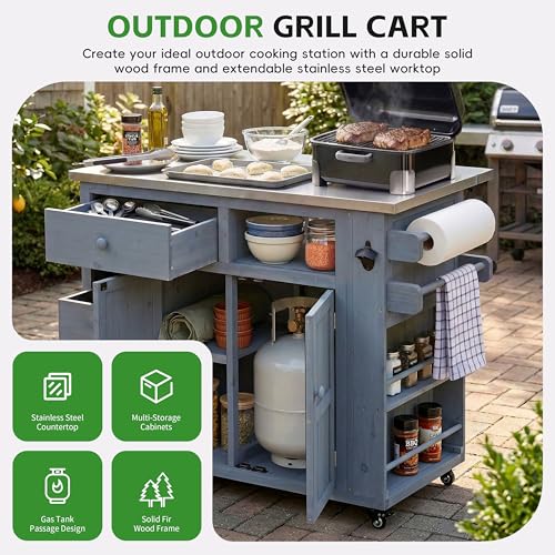 Outdoor Solid Wood Kitchen Island with Storage, 28" Extendable Stainless Steel Top Grill Cart, Rolling BBQ Prep Station with Drawers, Spice Rack, Towel Rack for Backyard, Patio, Camping - color: Grey