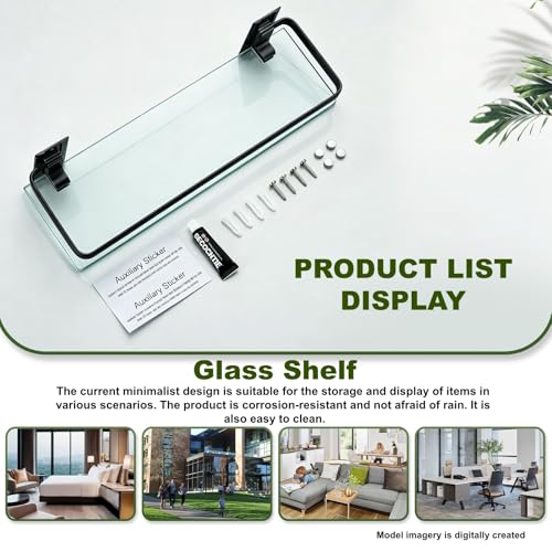 Bathroom Glass Shelf 15.7" Black Wall-Mounted, Floating Metal Storage Rack | 2 Pack Aluminum Tempered Glass 0.3in Extra Thick Rectangular，Space-Saving Design - color: Black 2 Pack