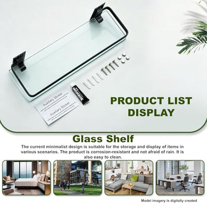 Bathroom Glass Shelf 15.7" Black Wall-Mounted, Floating Metal Storage Rack | 2 Pack Aluminum Tempered Glass 0.3in Extra Thick Rectangular，Space-Saving Design - color: Black 2 Pack
