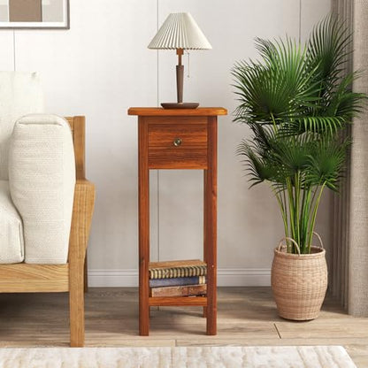 Giantex Narrow End Table with Drawer, Tall Acacia Wood Side Table with Bottom Shelf, Modern Bedside Tables, 2-Tier Nightstand for Small Spaces Bedroom Living Room, No Assemble Required, Brown - color: Brown