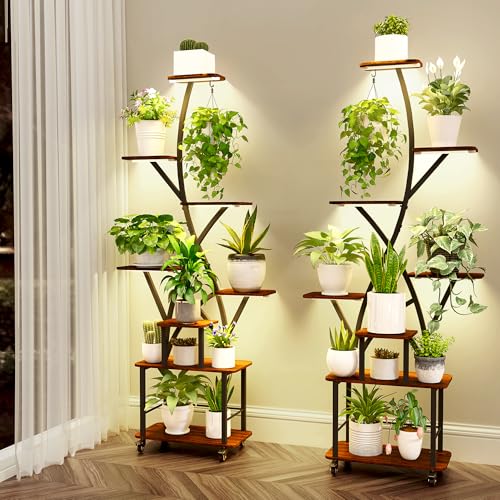 Plant Stand Indoor with Grow Lights 2 Pack Plant Stands Indoor 8 Tiered 64" Tall Plant Shelf for Indoor Growing Multiple Corner Metal Flower Holder Home Decor Display Shelves for Living Room Patio - color: Black with Wheels,2 set